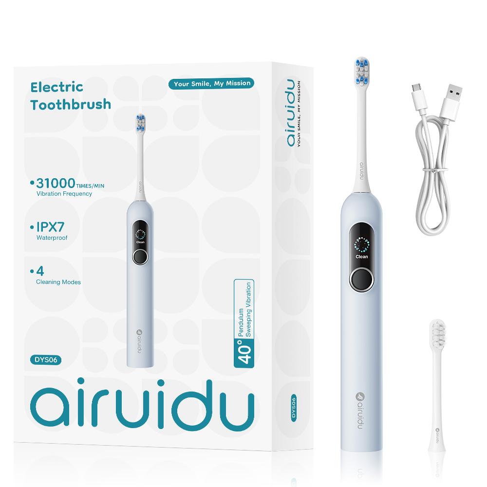 

Перезаряжаемая электрическая звуковая зубная щетка с USB для взрослых с водонепроницаемостью IPX7, временем работы от аккумулятора 60 дней и 2 сменными насадками синий