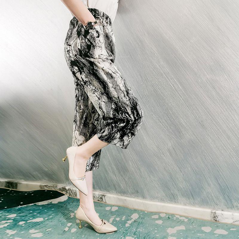 Summer Cotton Silk Polka Dot Slimming Over-the-Knee Pants
