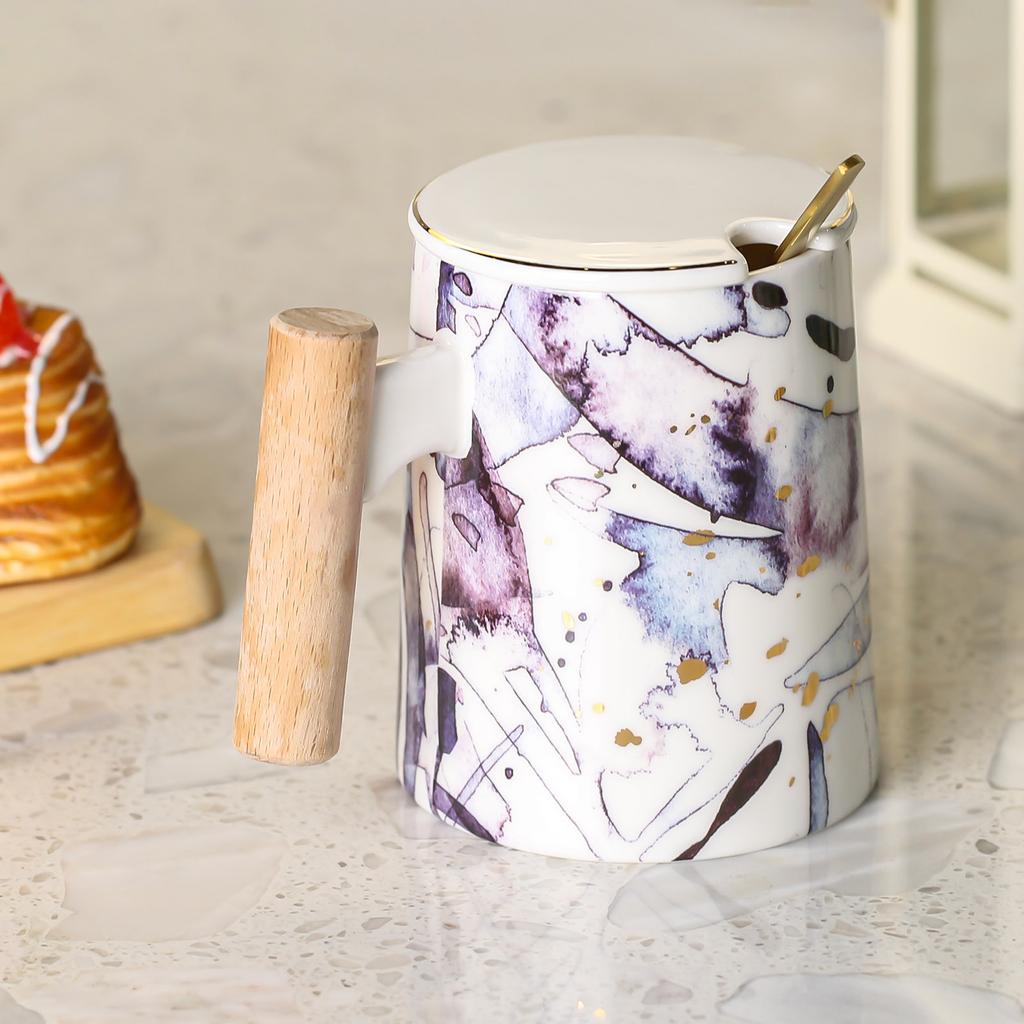 Tooarts Hrníček s víčkem Keramický šálek na čaj Šálek na kávu Velkoobjemový hrnek s dřevěnou rukojetí Ocel 304