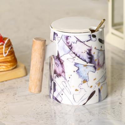 Tooarts Becher mit Deckel Keramiktasse Teetasse Kaffeetasse Becher mit großer Kapazität mit Holzgriff 304 Stahl