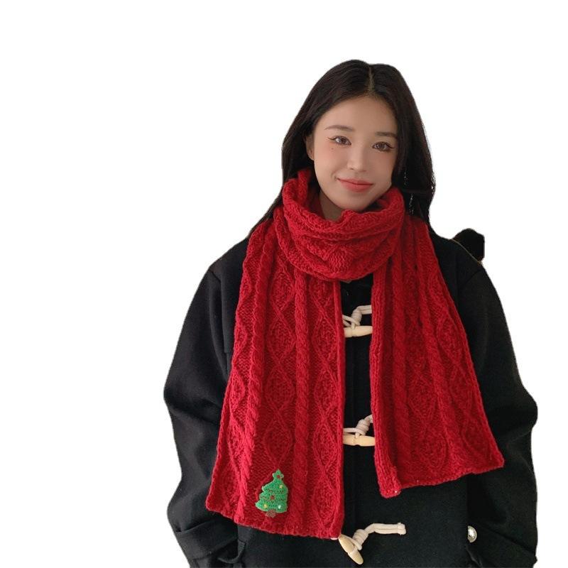 Season red knitted scarf Christmas gift thickened warm and cold scarf Japanese niche fashion versatile