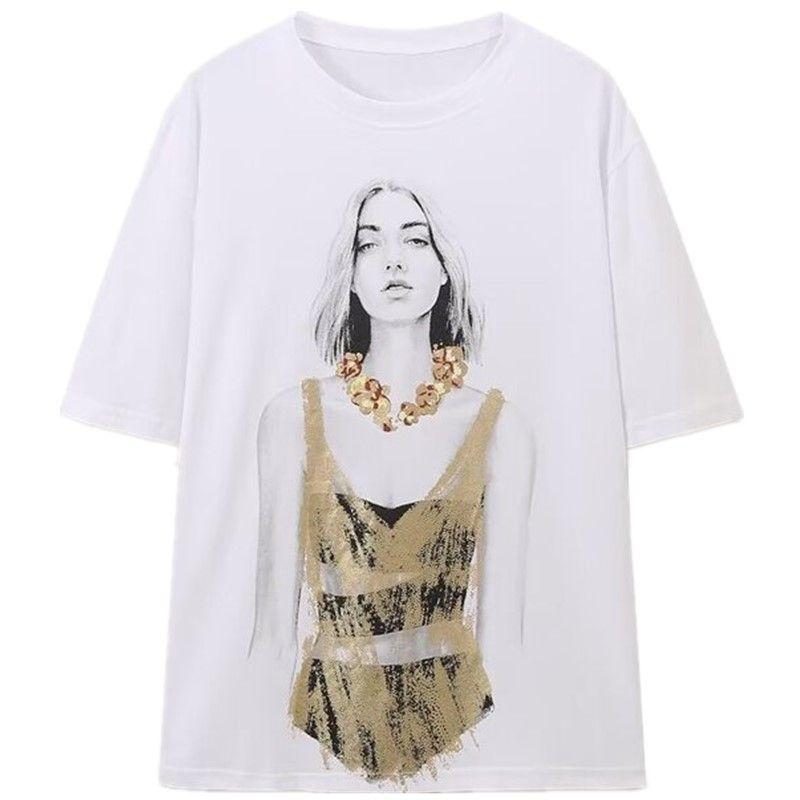 Fashion Style 2024 Autumn New Women's Clothing Easiest for Match Metal Print Cotton Comfortable Short Sleeve T-shirt 5644672