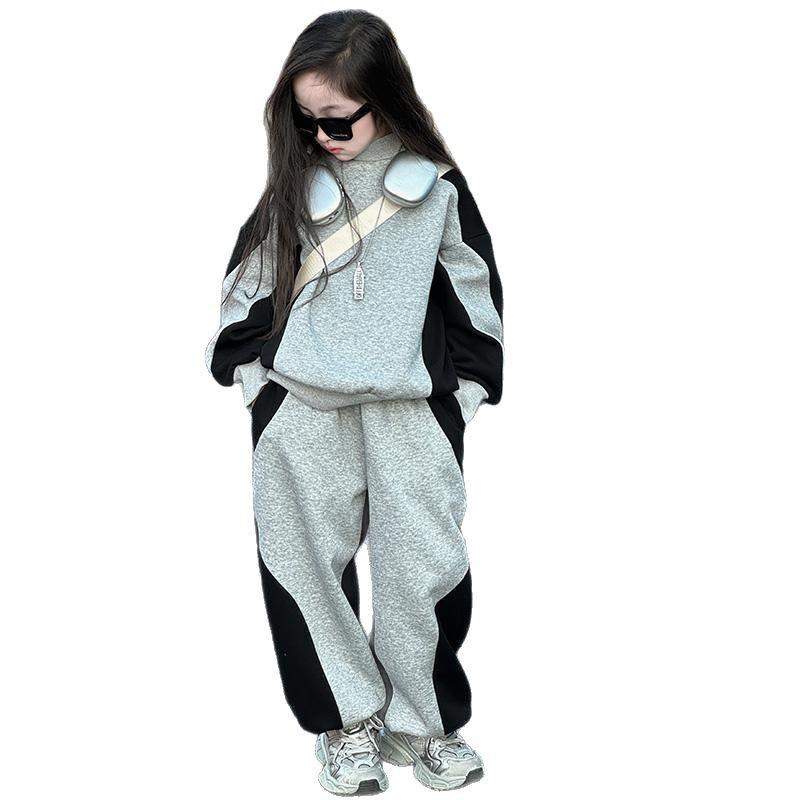 Autumn Winter Kid Girls Clothes Suit Child Patchwork Loose Sweatshirt T-shirt Top and Loose Pant Tracksuit