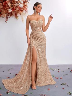 Sequined Strapless High-Waisted Mermaid Evening Gown