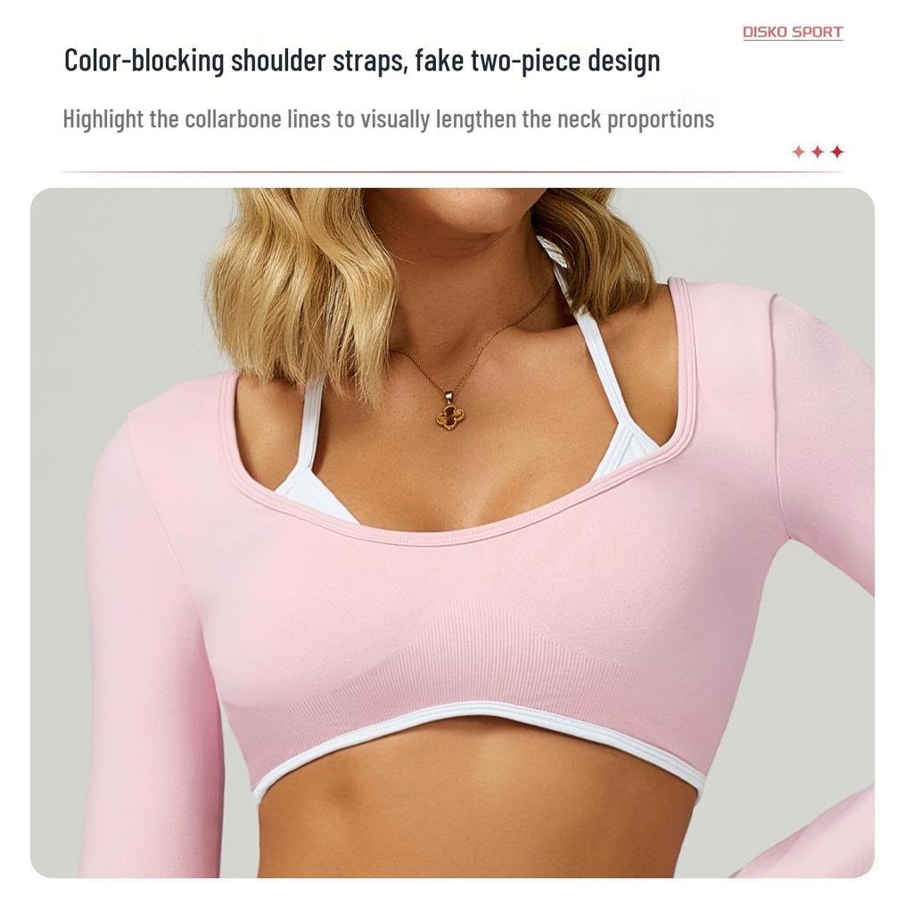 Sömlös Color Block Tvådelad Långärmad Cropped Yoga T-shirt för Löpning & Fitness