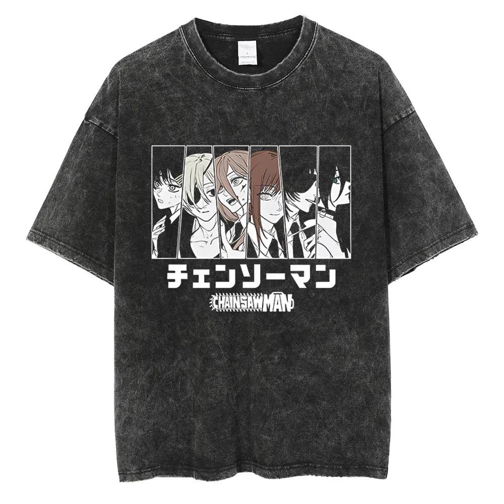 Anime Chainsaw Washed Short Sleeved Round Neck Yk Tshirt Ropa Hombre Men Clothing New in Top Tees Mens TShirt Camisetas S