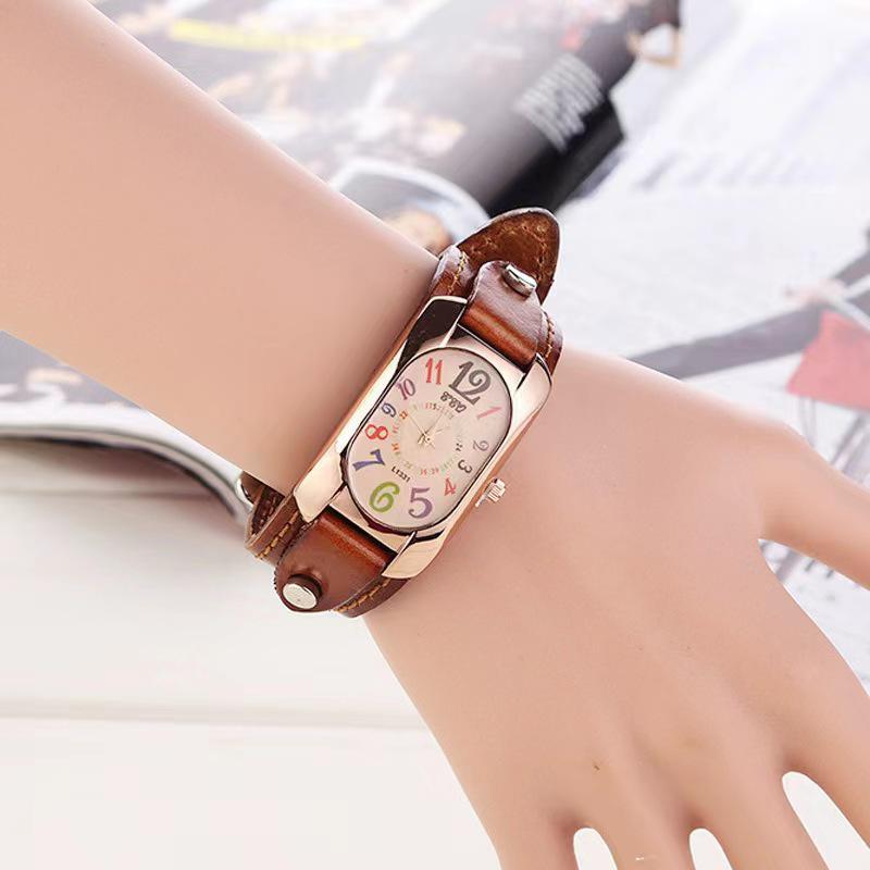 Trendy Men's Leather Belt Watch & Women's Colorful Numbers Quartz Wristwatch