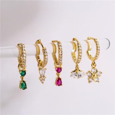 HECHENG, Multicolor Zircon Water Drop Flower Small Hoop Earrings for Women Brass 18K Plated Pendant Piercing Earrings New