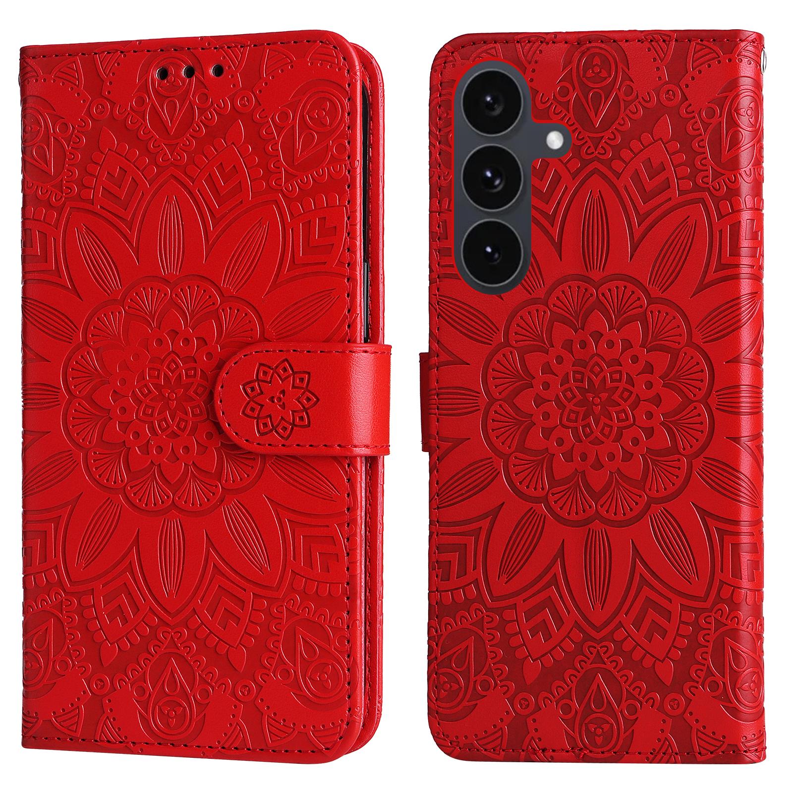 

For Samsung Galaxy S25 FE Case Sunflower Imprint Leather Wallet Phone Cover Red