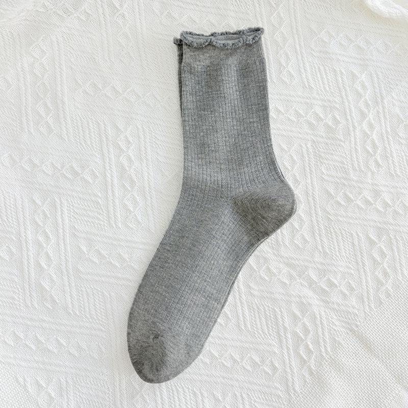 Schwarze Socken mit Ohrbesatz für Damen, Wadenlange Socken für Herbst und Winter, Trendige einfarbige Baumwollsocken, Frotteesocken mit Spitze, Nahtlose Damensocken