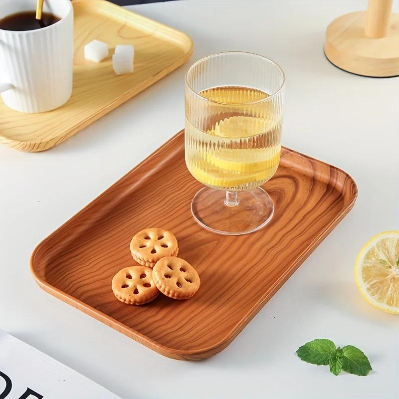 1pc Tea Cup Tray, Plastic Wood Grain Dessert Tray, Decorative Fruit Tray, Breakfast Food Tray, Multifunctional Snack Tray