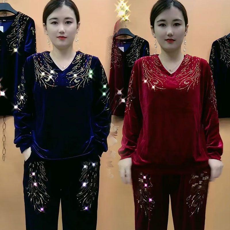 2-teiliger Hosenanzug Herbst Damen Stickerei Übergröße Samtbluse Hohe Taille Samt Harems Hose Zweiteiliges Set