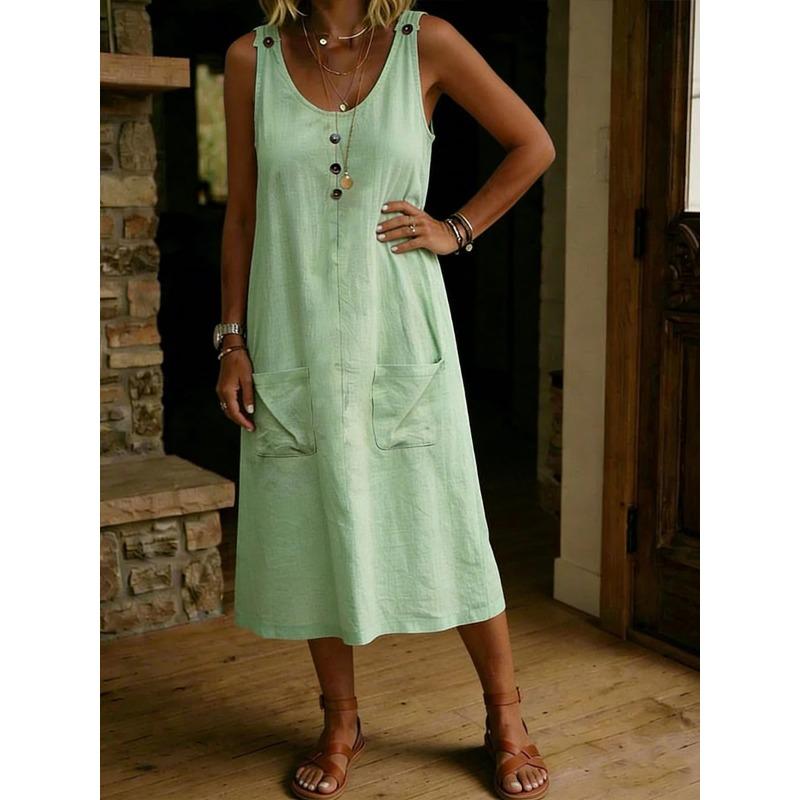 JPNTKY Fashion Summer Spring Solid Color Print U-Neck Sleeveless Casual Dresses