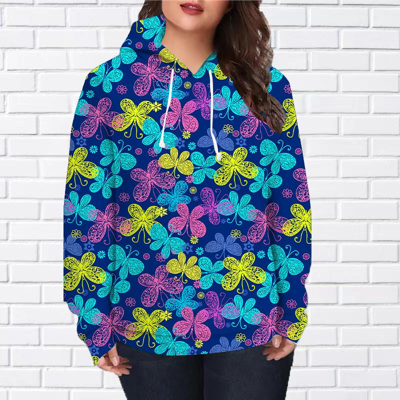 Womens Fashion Blue Beautiful Butterfly Print Loose Hoodie Tops Blouse Sweatshirt Casual Long Sleeve Pullover Tops