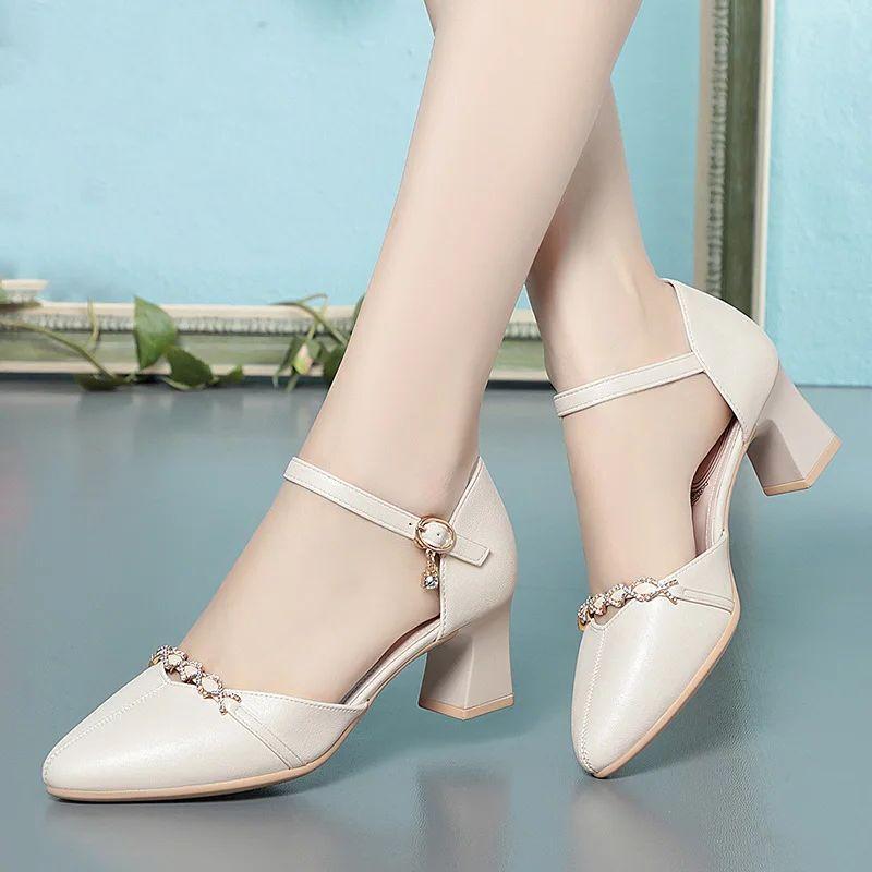 fashion Summer Fashion Elegant Beautiful Office Thick Heel Shoes For Women Cute Sweet Black Soft Sole Pumps Rhinestone Sandals Grace