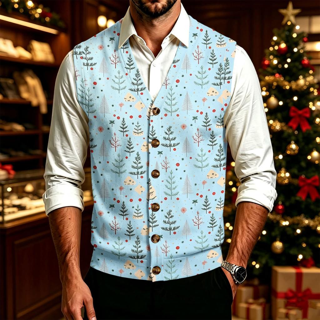 Men's V-Neck Christmas Print Sweater with Large Buttons