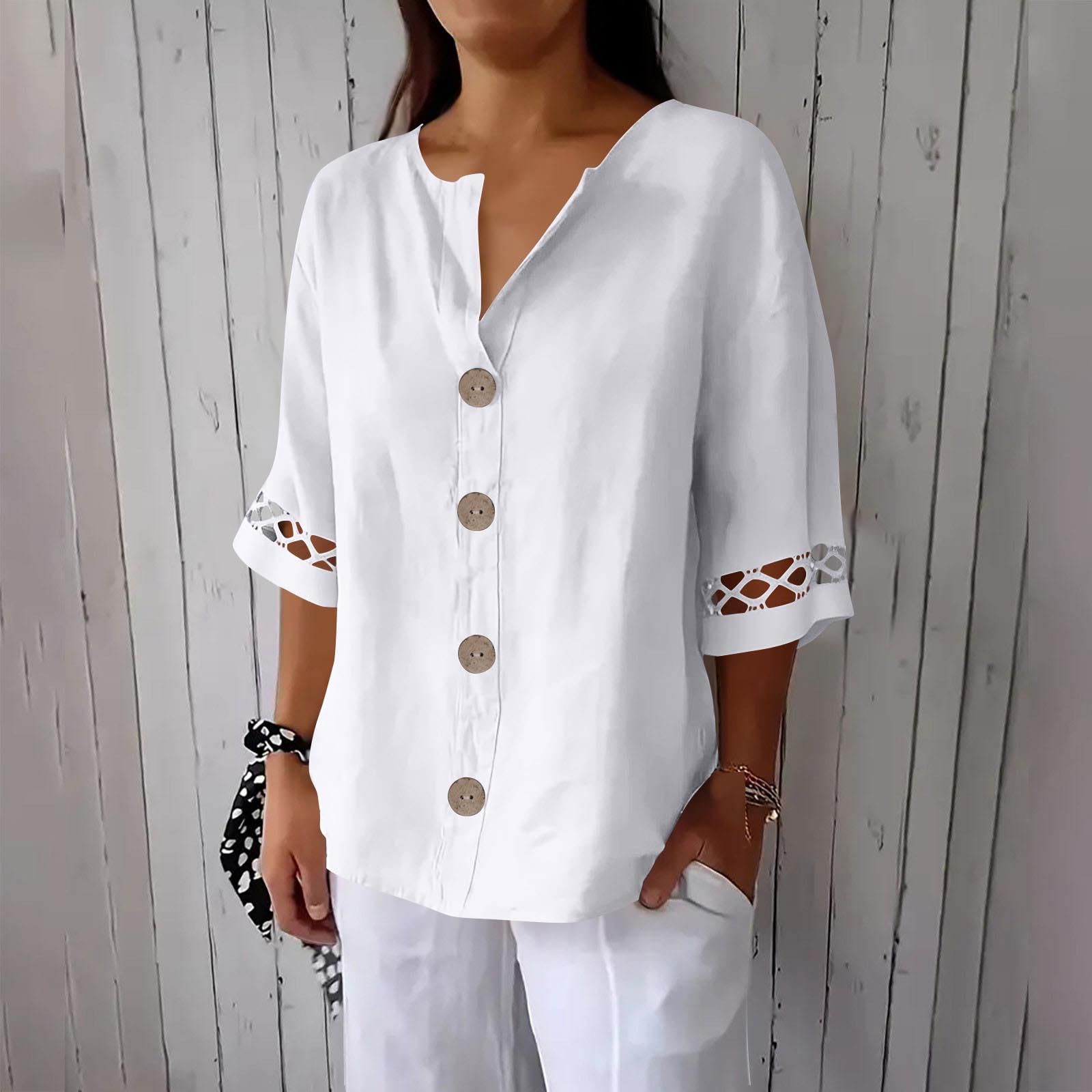 

Womens V Neck Button Down Blouse with 3/4 Sleeve Loose Fit Hollow Out Detail Casual Linen Top Shirt XL білий