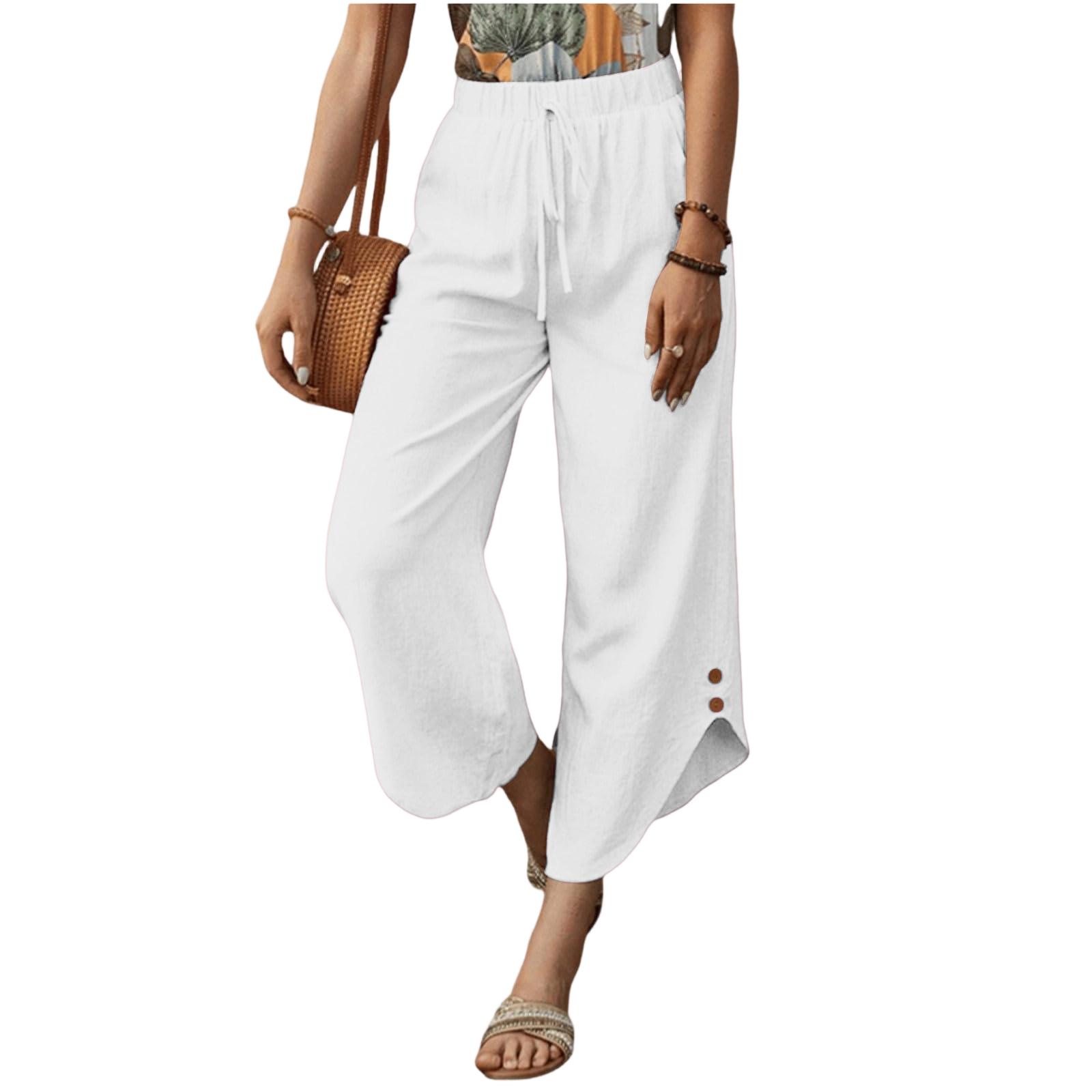 

Women s Fashionable Color Drawstring Pocket Loose Cotton And Linen Straight Leg Casual Cropped Pants XL білий