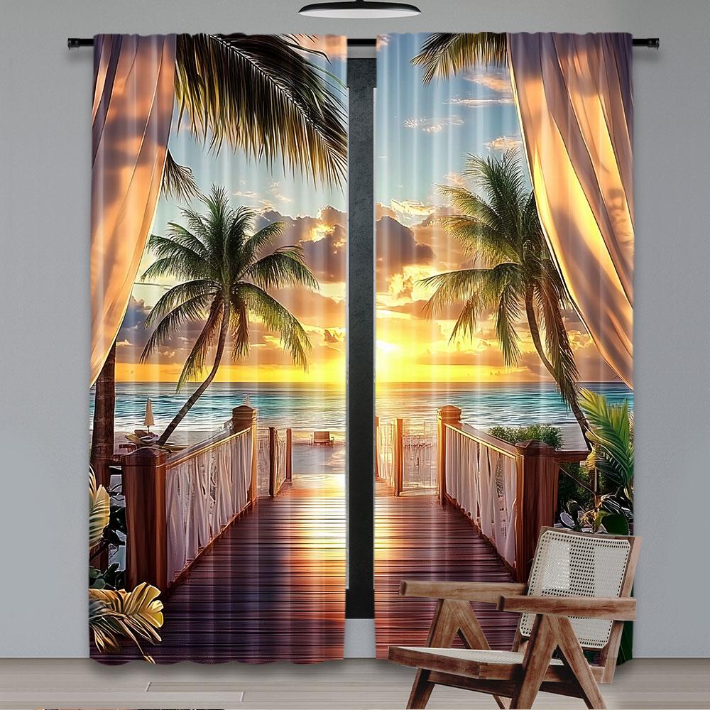 

2Pcs Tropical Seaside Photography Balcony Wood Bridge Theme Wedding Birthday Curtains Wide For Bedroom Living Room Dorm A 29x65in(75x166cm)