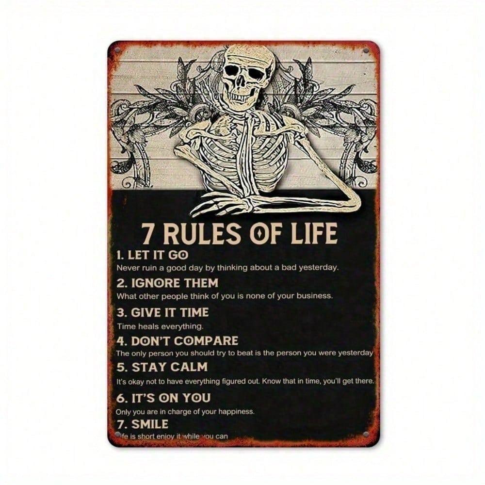 Vintage Metal Tin Sign 7 Rules of Life Skull Wall Art Decor Rustic Iron Plaque for Home Office Bar
