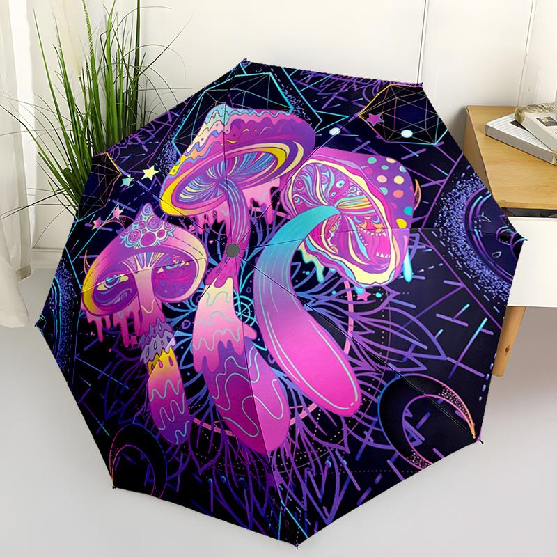 

Rainbow Mushroom Automatic Folding Umbrella - Lightweight & Durable, 8-Rib Design with Vibrant Neon Mushroom & Starry Night Pa (as the picture,Iron&8K)