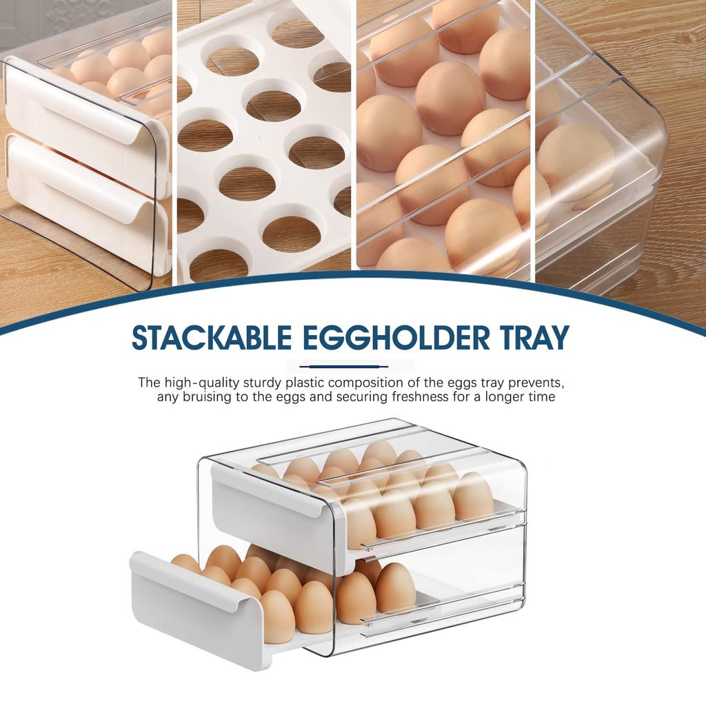 32 Eggs Holder for Refrigerator, Egg Storage Container Organizer Bins with Handles, Stackable Clear Plastic Egg Holder(2 Layer)