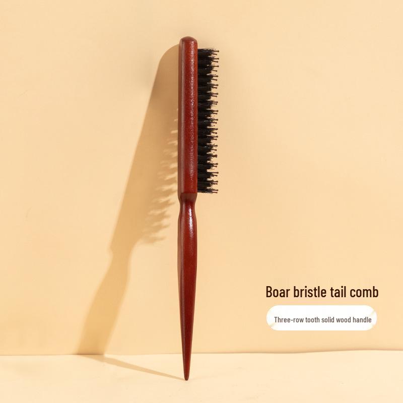 Three-Row Boar Bristle Wooden Comb for Styling, Updos, and Teasing Curly or Fluffy Hair