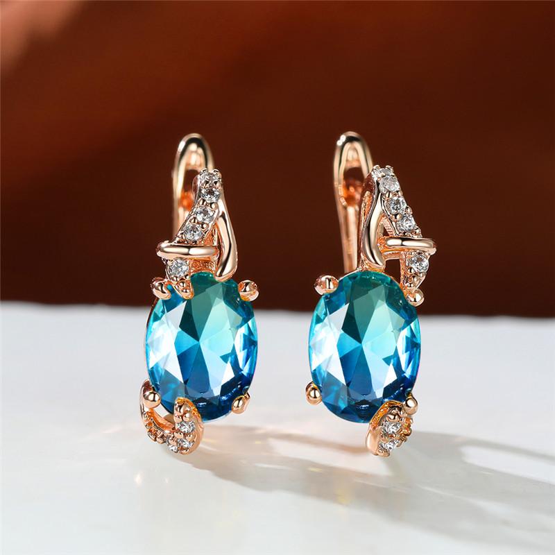 Big Oval Stone Blue Crystal Earrings Mystic Multicolor Zircon Clip Earrings Wedding Jewelry For Women