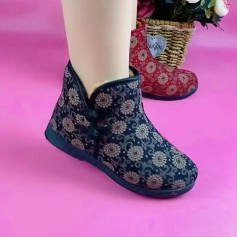 Winter Boots Non-Slip Booties Elderly Women Shoes Warm Print Snow Boots Furry Fur Velvet Cotton Cloth Cozy Ankle Boots