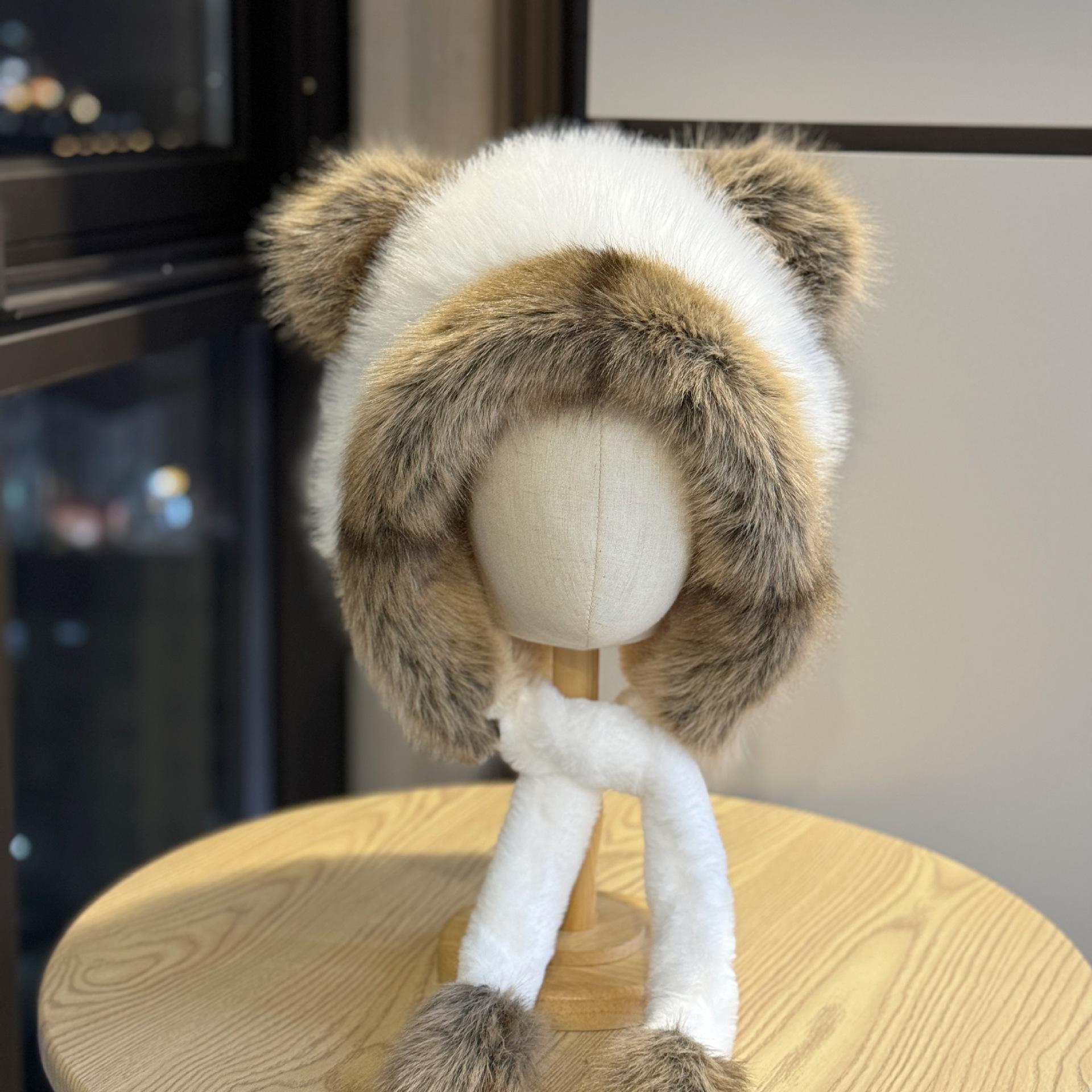 

New cute bear ear plush hat for women, winter face-slimming, warm, thickened, cold-proof, ear-protecting, women s Lei Feng hat Adult54-60Average Size белый