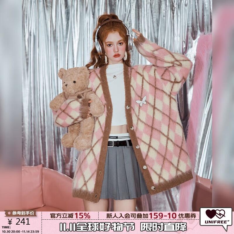 UNIFREE Women s Plaid Knit Cardigan L