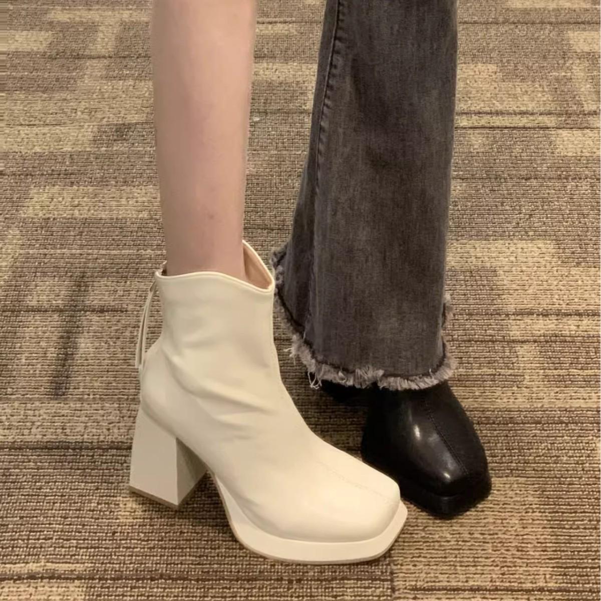 

Short boots women s 2024 new autumn and winter waterproof table high heels French Martin boots Chelsea boots white thin boots 35