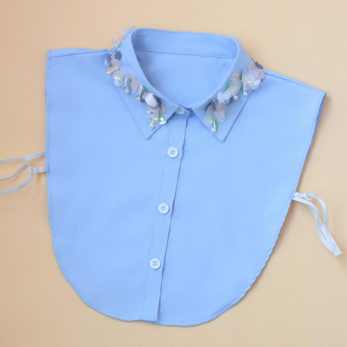 

1 новый воротник-бусы для ногтей, фальшивый воротник, рубашка-половина, фальшивый воротник, белый, синий, деликатный воротник для рубашки с бусинами