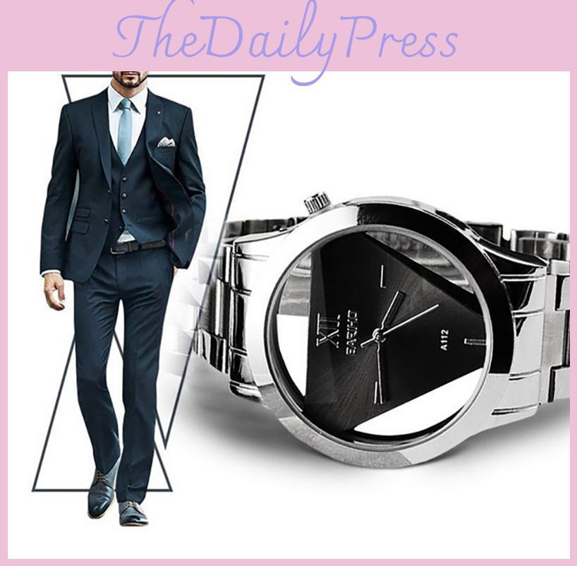 Relógio Elegante com Mostrador Triangular Design Vazado Pulseira de Aço da Moda e Superfície de Vidro