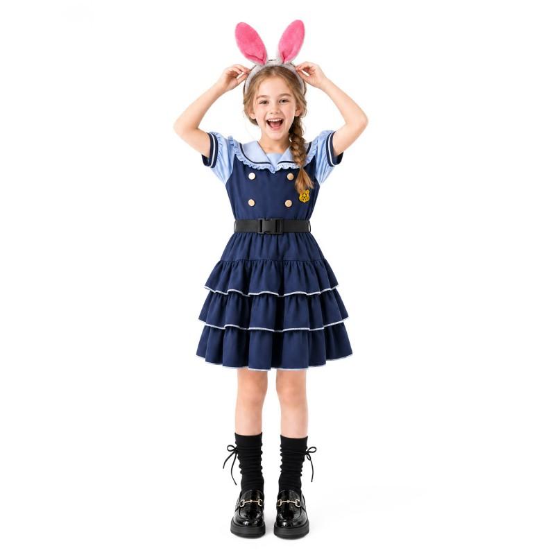 Girls Judy Hopps Cosplay Costume Dress With Ears Belt Badge Navy Style Short Sleeve Performance Outfit Kids 3-8 Years
