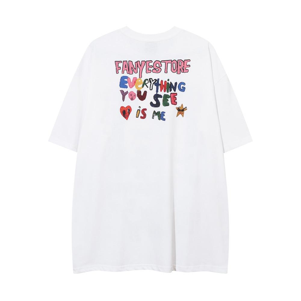 Fun Graffiti Cartoon Printed Short Sleeved T-shirt for Hip-hop Trend Boys, Lazy Summer Pure Cotton Casual Half Sleeved T-shirt