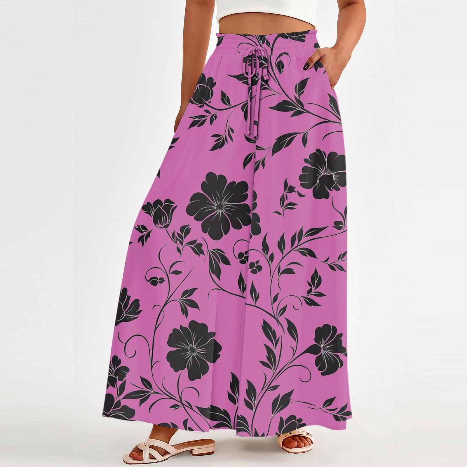 Women s Loose Casual Pants Bohemian Floral Print High Waistband Bag Flowing Pants S