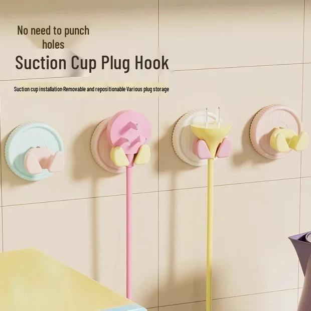 Suction Cup Hook, No-Drill Wall-Mounted Plug Fixer, Strong Load-Bearing for Kitchen