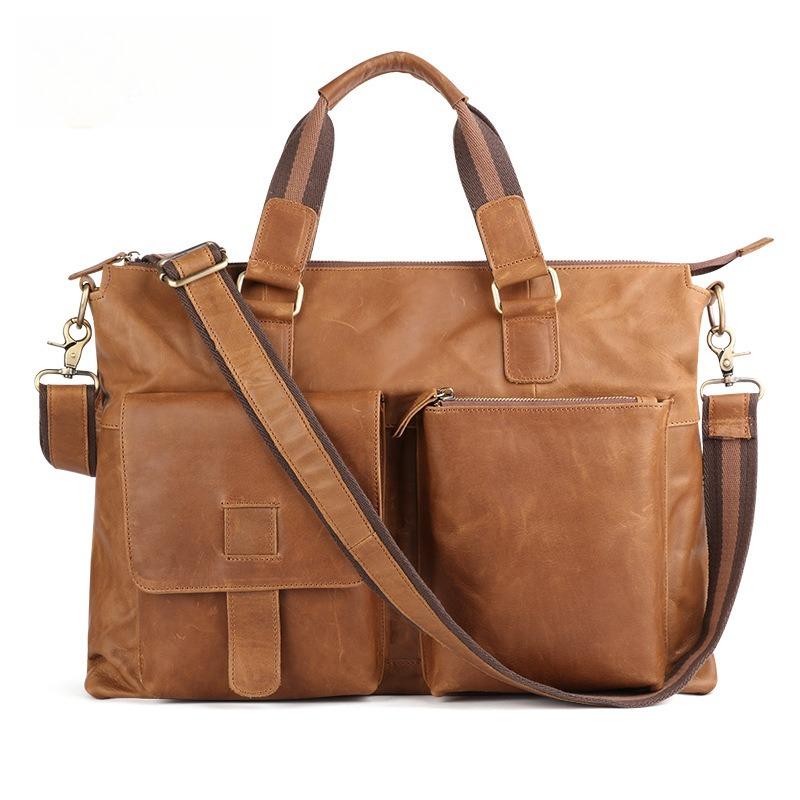 Men's Genuine Leather Business Briefcase 17-Inch Laptop Bag Horiztal Shoulder Cowhide Top Layer