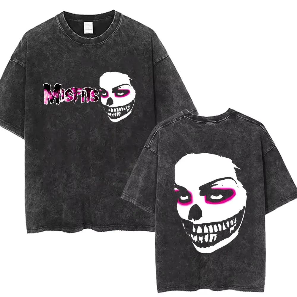 2026 Washed Vintage Hardcore Punk Band Misfits Tshirt Horror Skeleton Graphic T-shirt Men Women's Fashion Casual Oversized T Shirts
