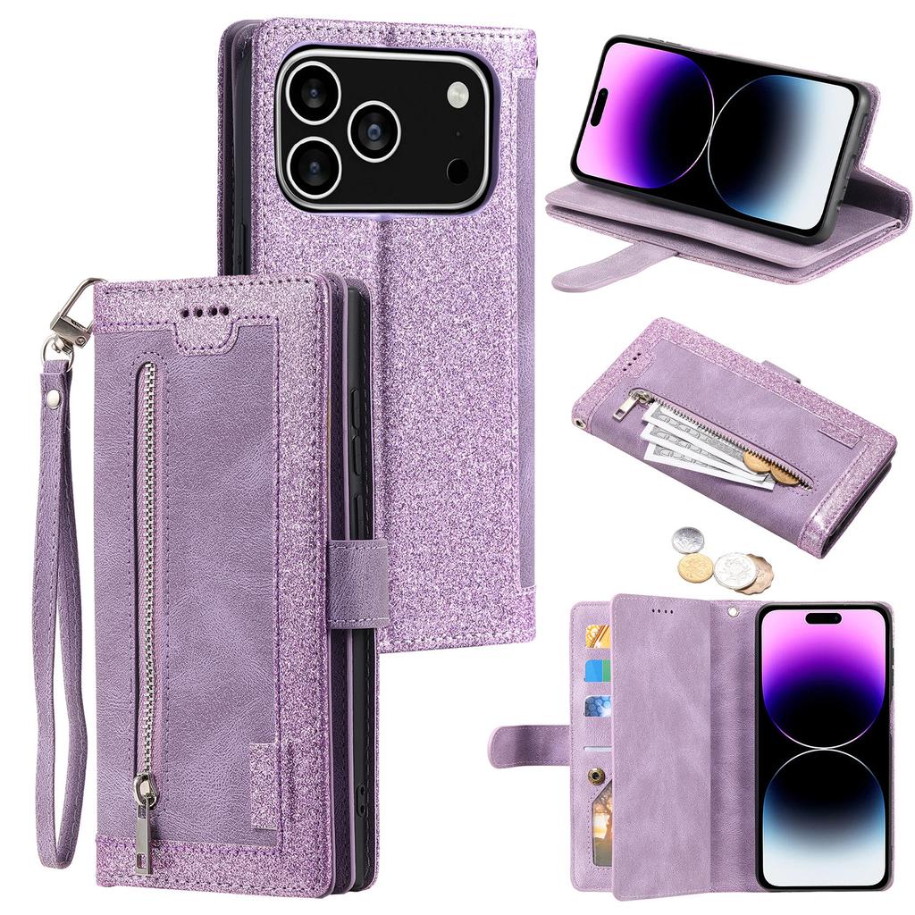 For iPhone 17 Pro Case 9 Card Slots Zipper Wallet PU Leather Phone Cover with Wrist Strap