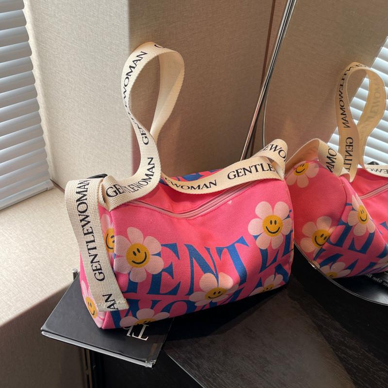 Cute Painted Floral Canvas Bag 2023 New Casual Shoulder Bag Cross-border Fashion Bear Grid Blue Red