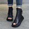 Johnature Fashion Thick Soled Platform Shoes Genuine Leather Women Peep Toe Sandals Hollow Out Boots