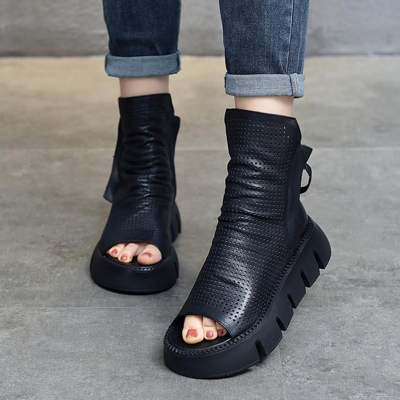 Johnature Fashion Thick Soled Platform Shoes Genuine Leather Women Peep Toe Sandals Hollow Out Boots