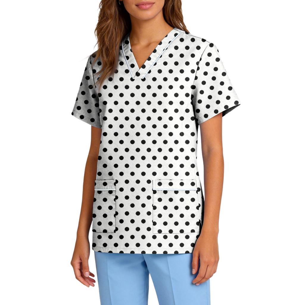 Women's Stretch Quick-Dry V-Neck Short Sleeve Workwear Top with Polka Dot Print & Pockets