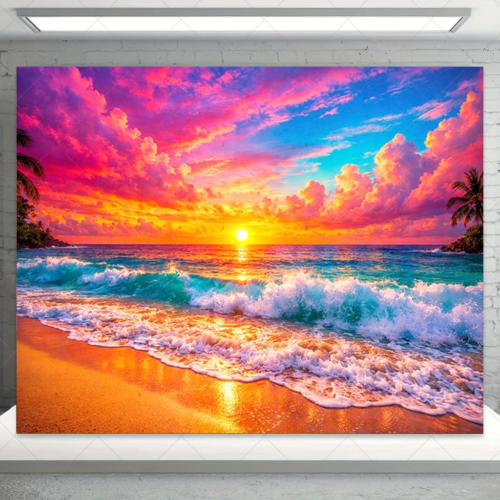 Summer sunset themed photography backdrop, palm trees, tropical ocean, beach, natural landscape, party banner, decor3068