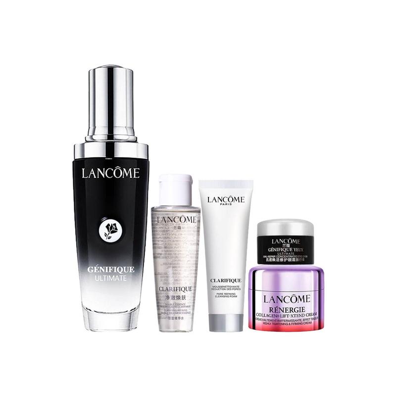 Жидкая эссенция Lancôme All-Star Essence 50 мл + Вода «Аврора» 50 мл + Очищающее средство 50 мл + Моделирующий крем 15 мл + Сияющий крем для век 5 мл Без подарочной коробки, в подарочном пакете чёрный