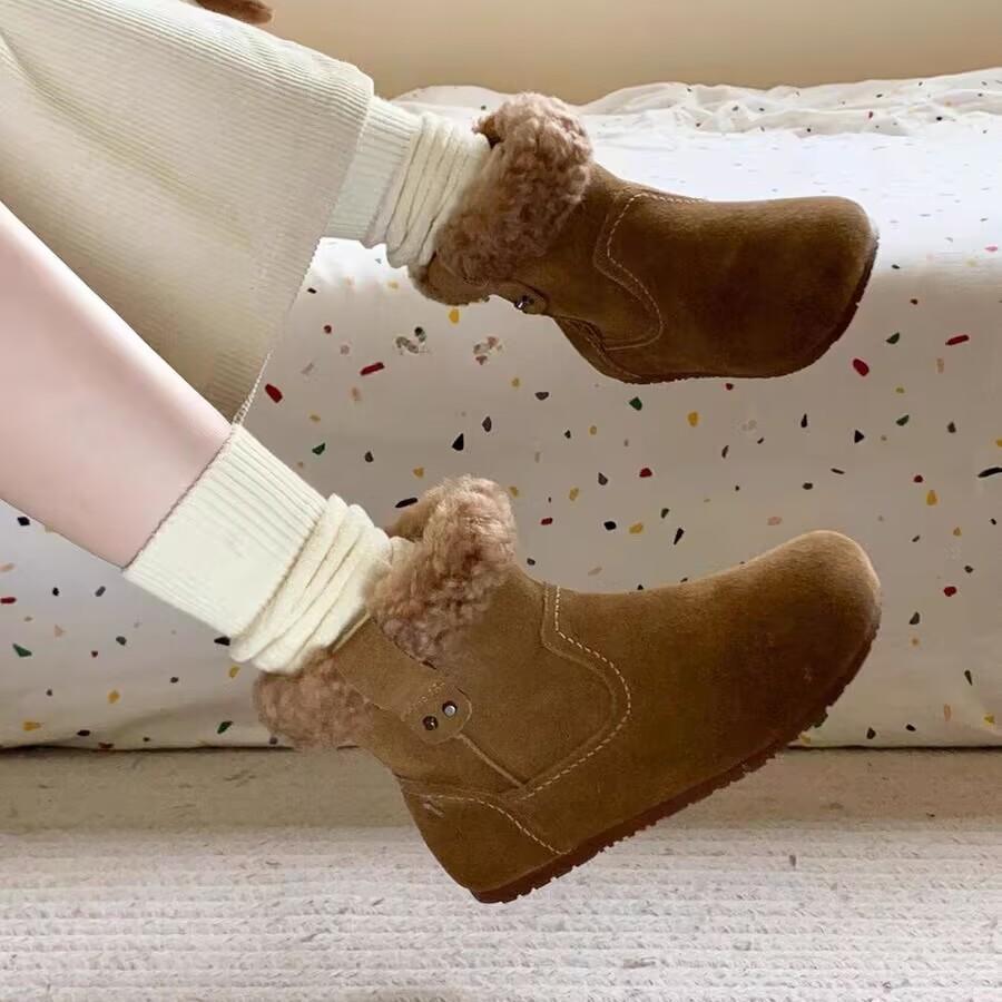 [Fan Jieya] Retro Short Boots Women's 2025 Winter New Lamb Wool Flat-bottomed Casual Versatile Warm Snow Boots