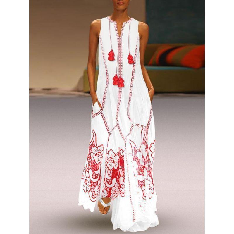 

Fashion Style Summer Fashion New Dress Amazon Wish Best Selling Sleeveless V-neck Print Loose Beach Dress White 3XL