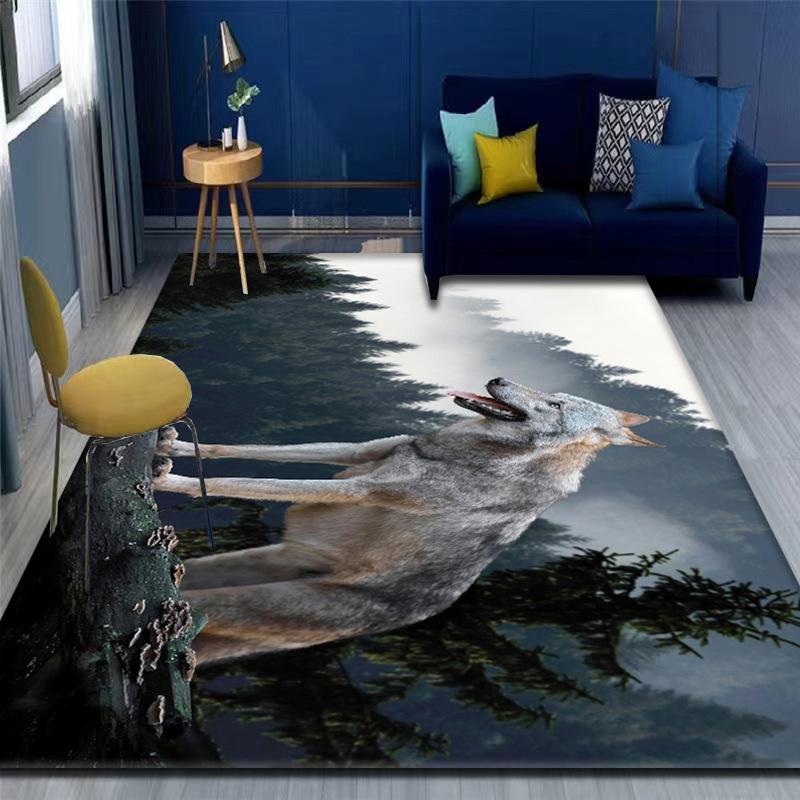 Moonlight Wolf Rug Three Wolves Howling At Full Moon Night Scene Design with Navy Sofa Yellow Chair Modern Home Decor